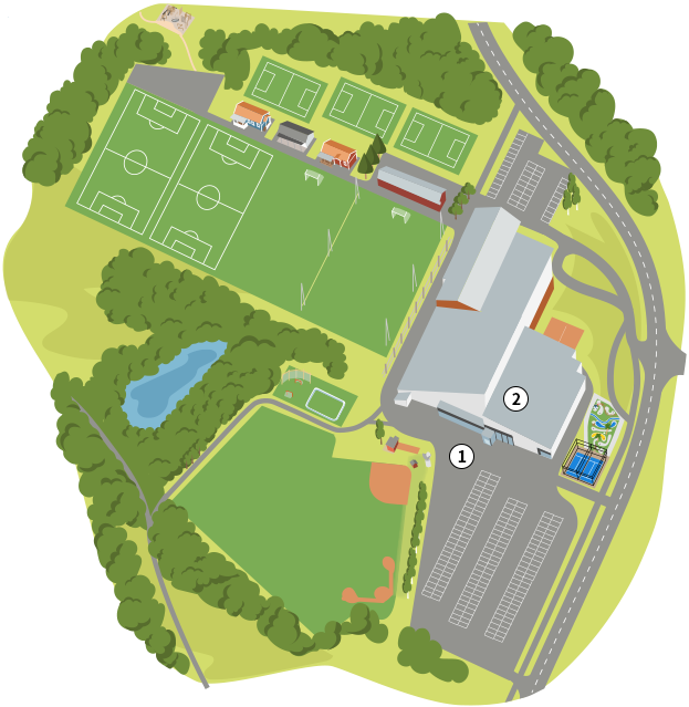 Översiktskarta över fotbollsområden på Lillegården